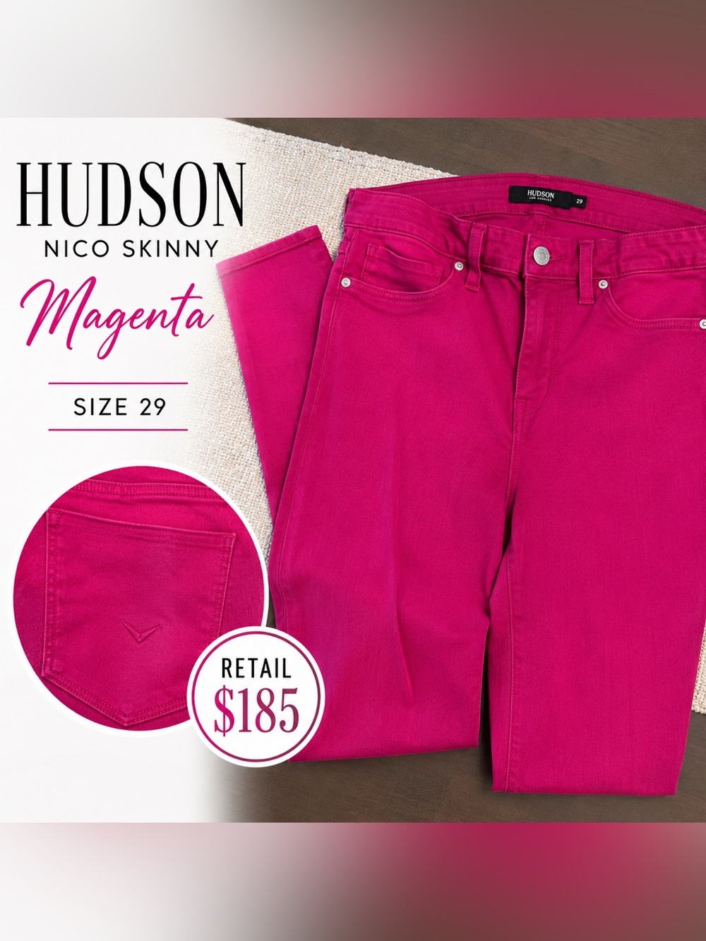 Hudson Nico Skinny Jeans Magenta Hot Pink Size 29